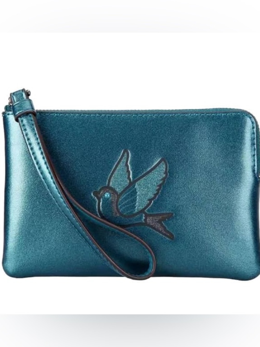 Coach rare Glitter Patch Bird Corner Zip Wristlet Metallic Dark Teal EUC !